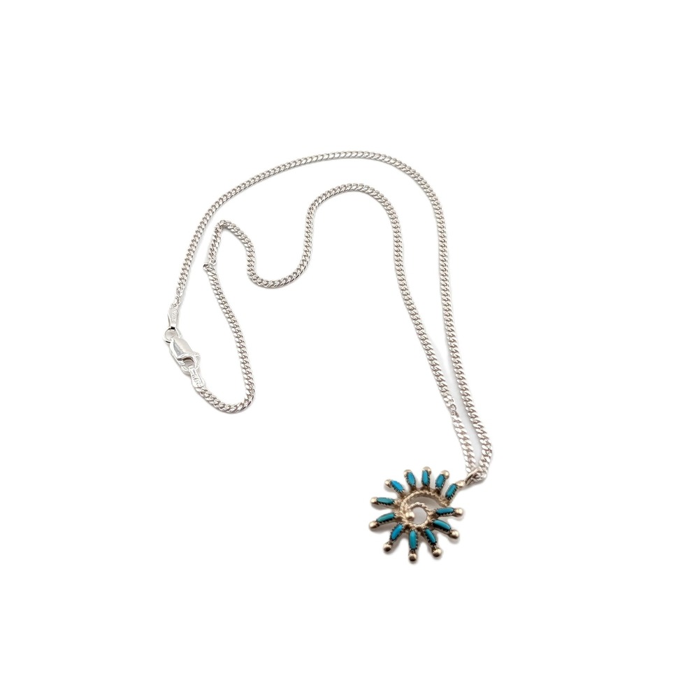 Zuni Needlepoint Turquoise Petite Spiral Pendant Necklace Handmade Jewelry **